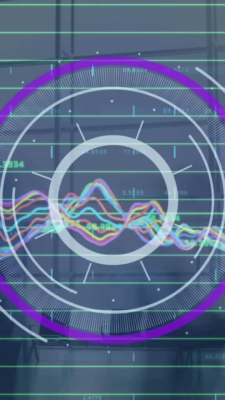 Animation of round scanner and financial data processing over time-lapse of people walking at office