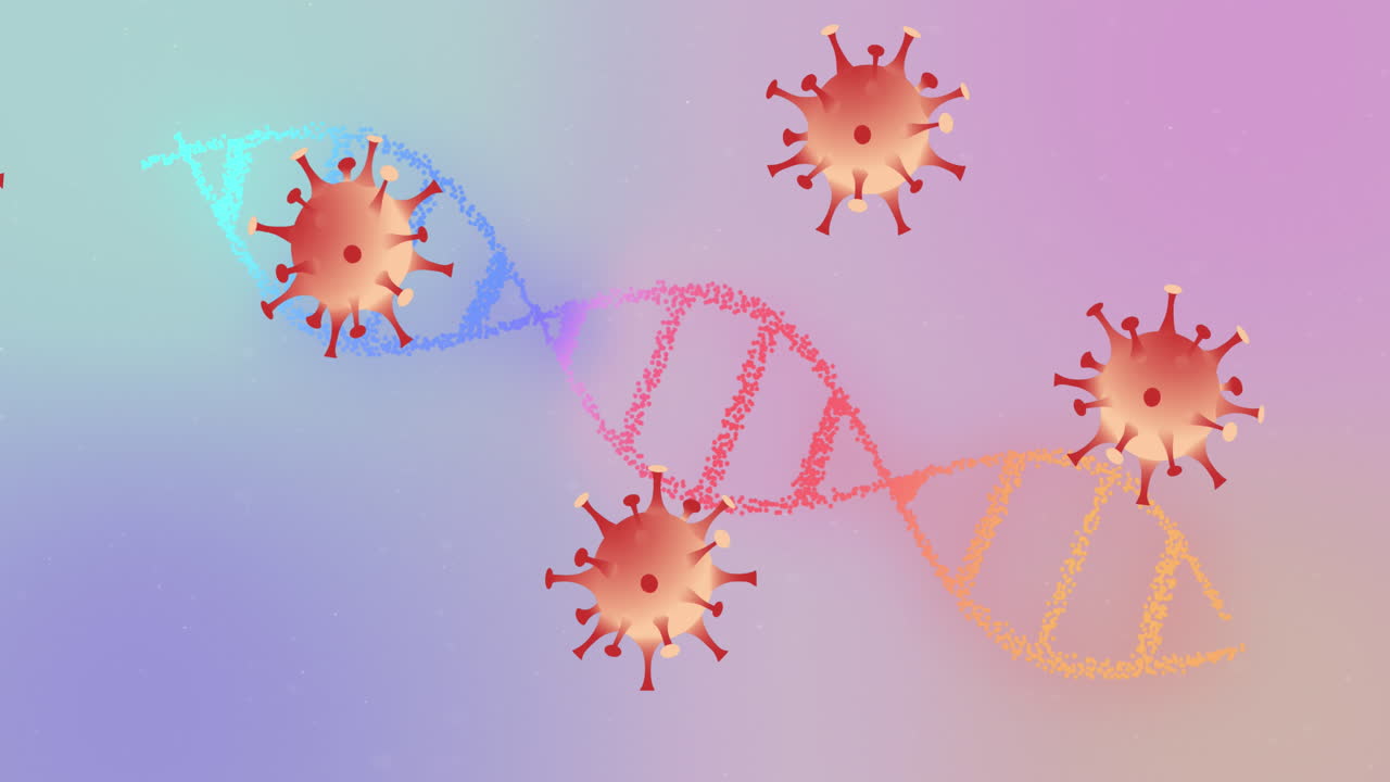 Animation af covid 19-celler der bevæger sig og en DNA-streng der snurrer rundt