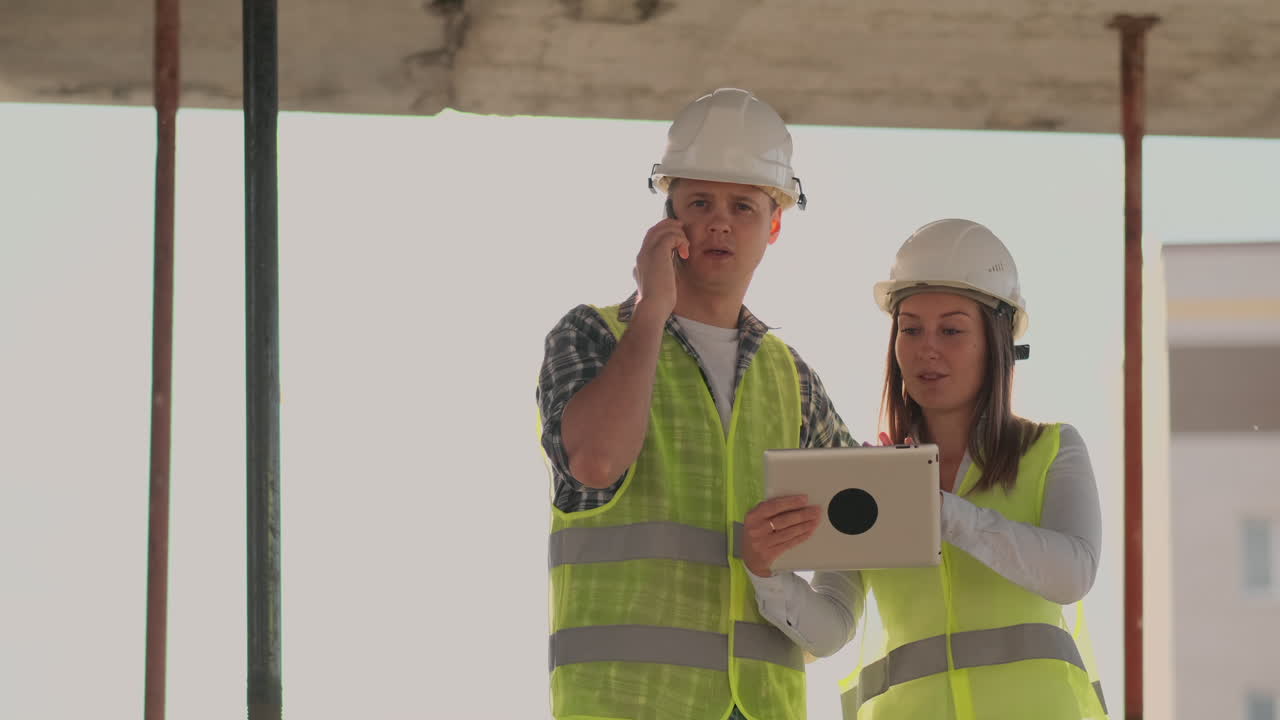 en la construcción con una mujer y un hombre constructores constructores ingenieros caminando a lo largo de ella. edificio en la construcción with a mujer y un varón ingenieros