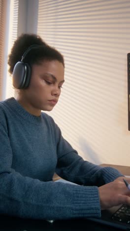 woman working on laptop with headphones