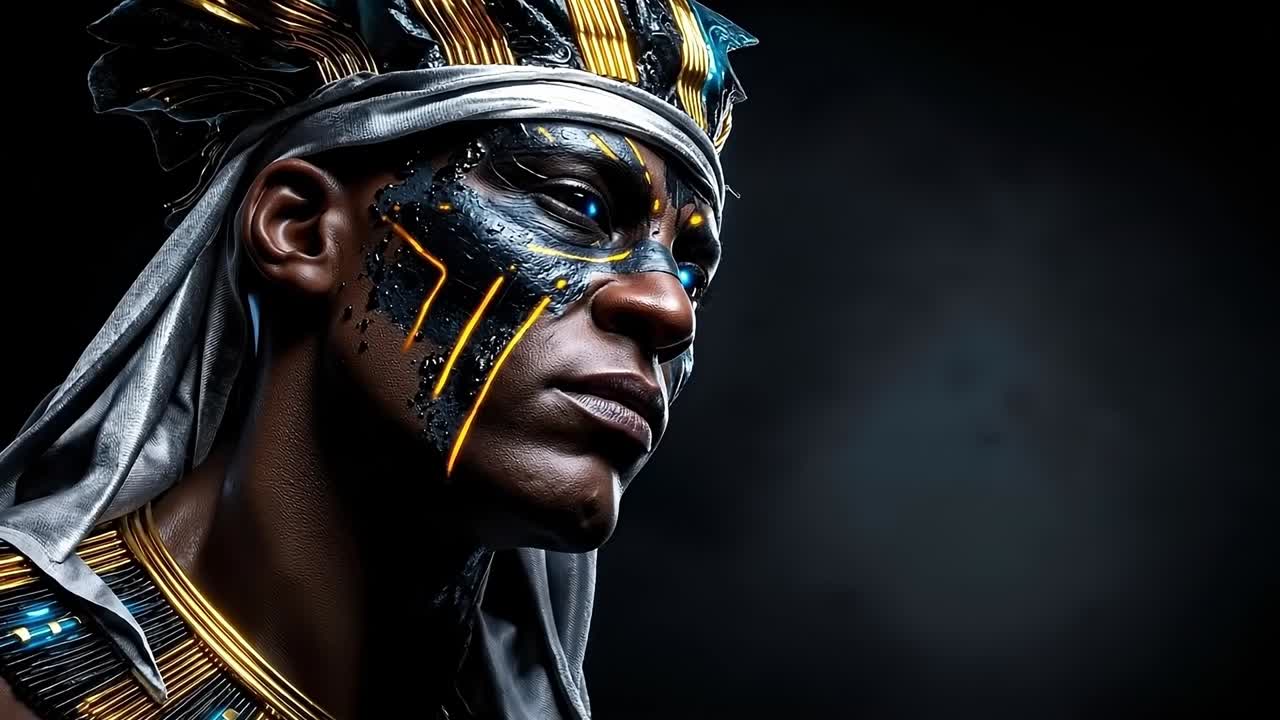 A man with a face painted like an egyptian pharaoh