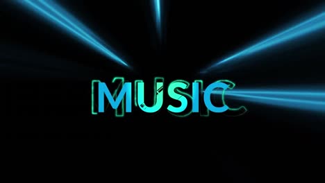 animation of music text over neon light trails on black background