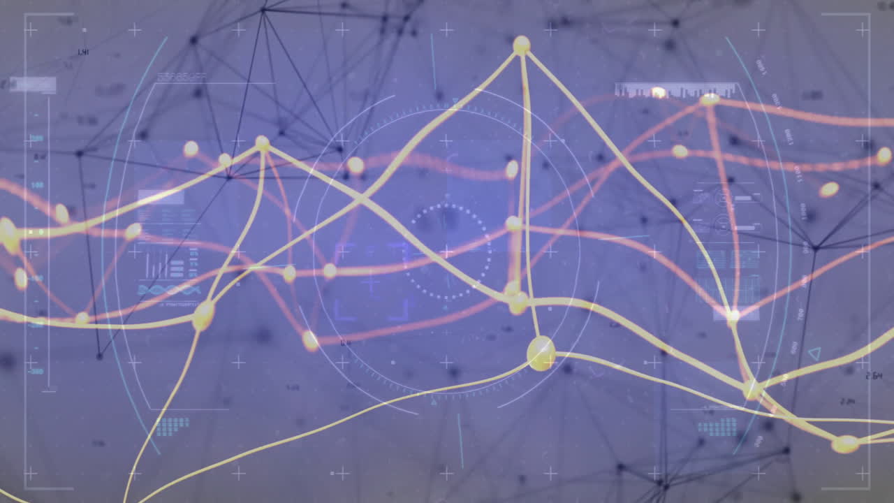 데이터 처리 및 연결 네트워크의 애니메이션이 보라색 바탕에 있습니다.