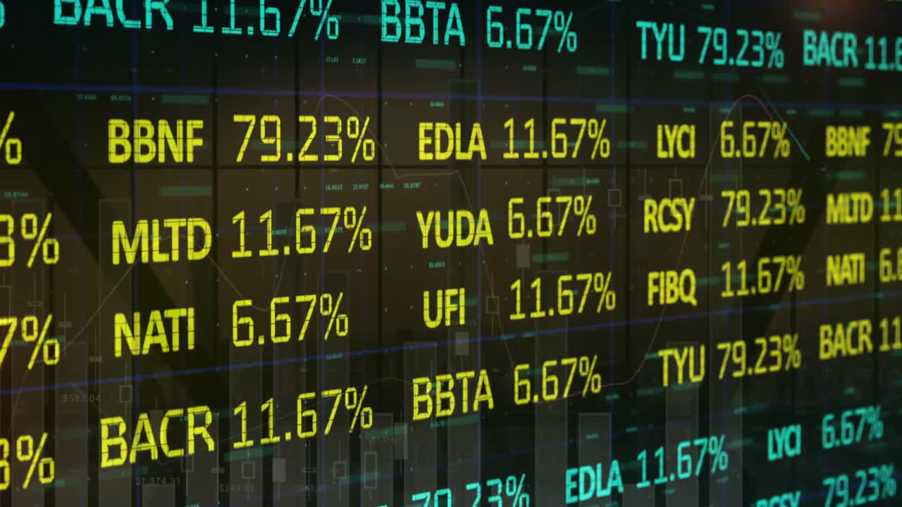 Animazione di borsa e elaborazione di dati finanziari su sfondo nero