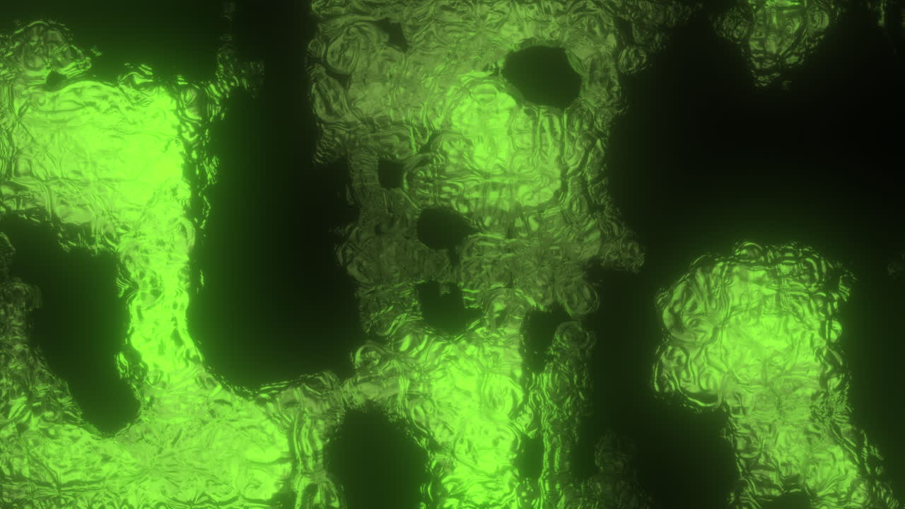 Green Abstract Organic Fluid Flowing Morphing Evolution Behind Glass Texture with Black Background. Dynamic Glowing Motion Graphics Animation