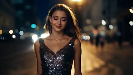 beautiful woman in a sparkly dress posing in the city at night