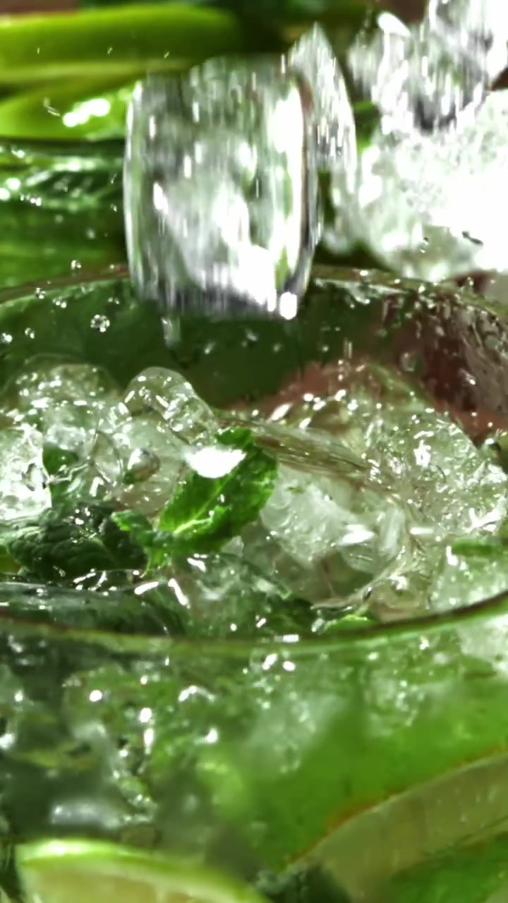 Cubetti di ghiaccio che si tuffano in un rinfrescante cocktail Mojito con menta e lime