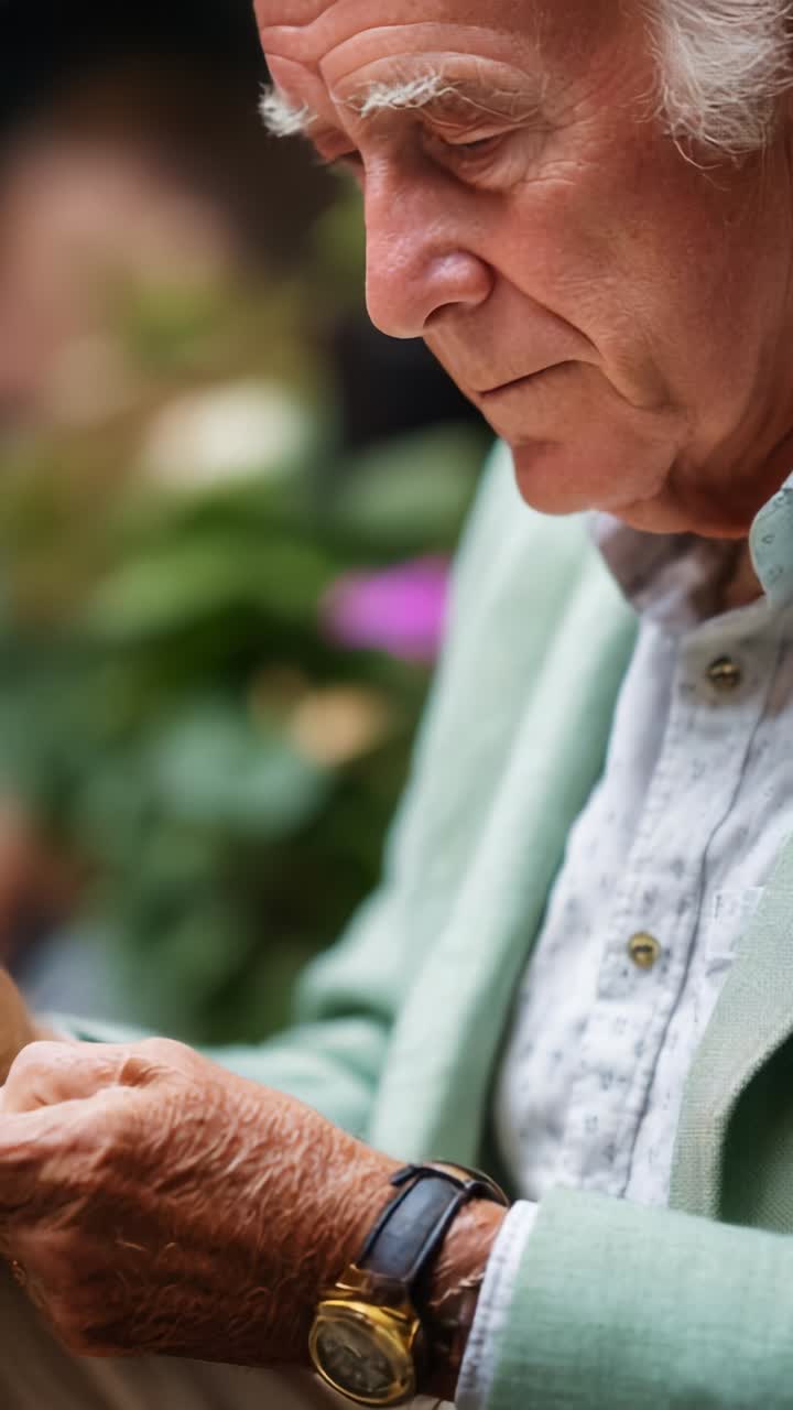 Un anciano caballero absorto en la lectura, que muestra concentración y contemplación en un entorno de jardín sereno, rodeado de una vegetación vibrante y colores suaves.