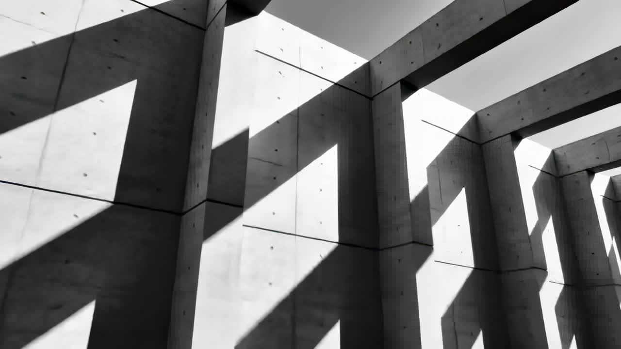 Zeigt Betonplatten, Säulen empfangen Sonne durch Dachlücken, sich verschiebende scharfe diagonale Schatten.