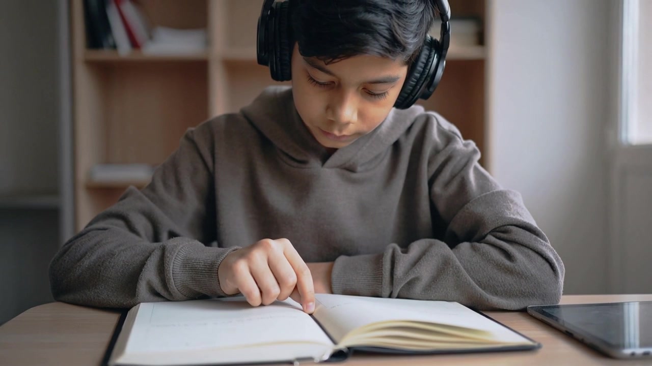 Membuka buku, remaja berhoodie abu-abu menelusuri garis, belajar di meja rumah dengan tablet dan headphone