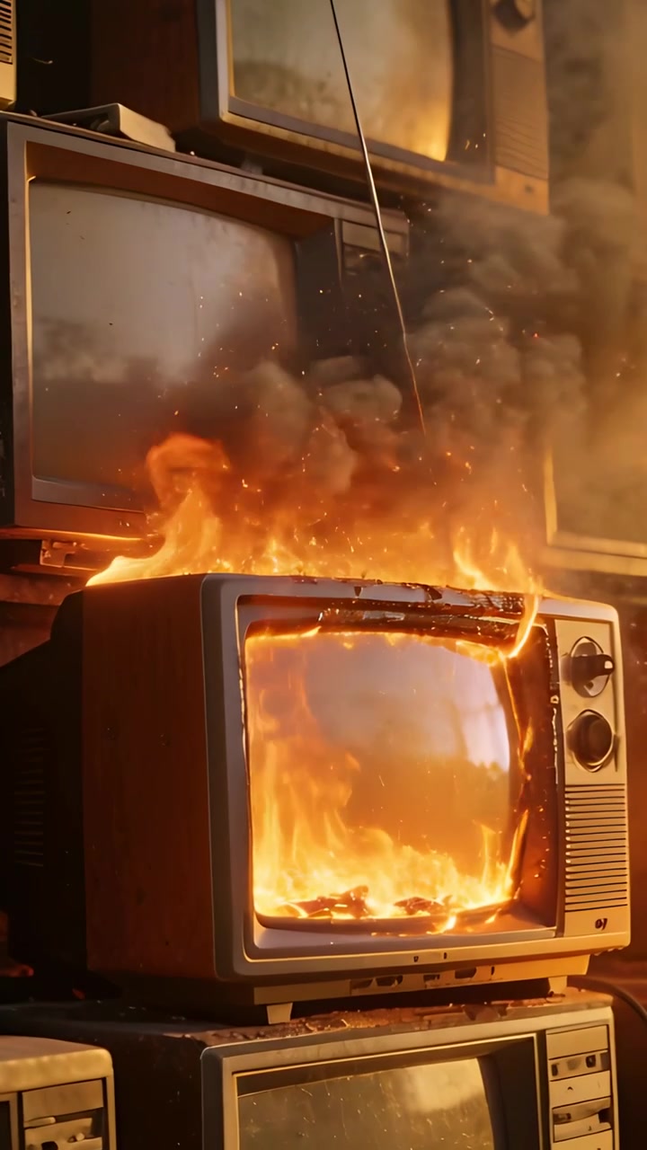 Vertikal video: Flammor startar inuti den nedre CRT-skärmen i en TV-stapel på gården, smälter lister och avger rök.