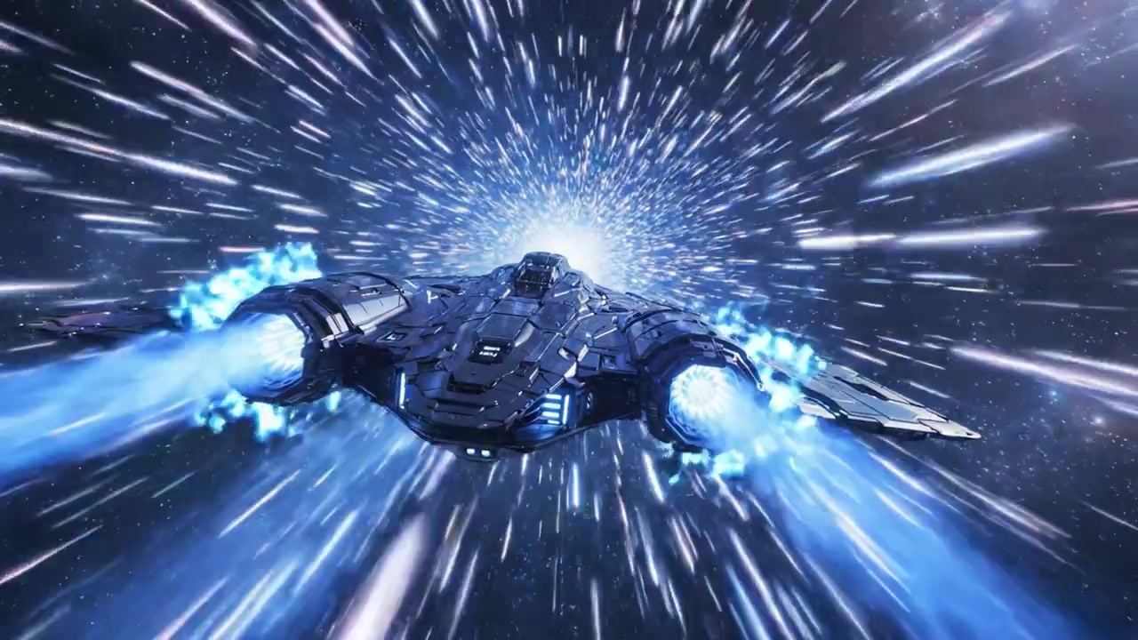 Uma Nave Estelar Futurista Impulsiona Através de um Buraco de Minhoca Cósmico Vibrante, Deixando um Rastro Brilhante de Luz e Energia em uma Jornada em Alta Velocidade Pela Galáxia