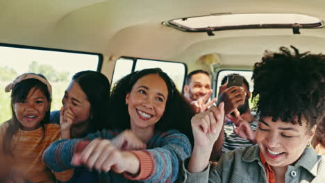 dancing, road trip and friends in a caravan