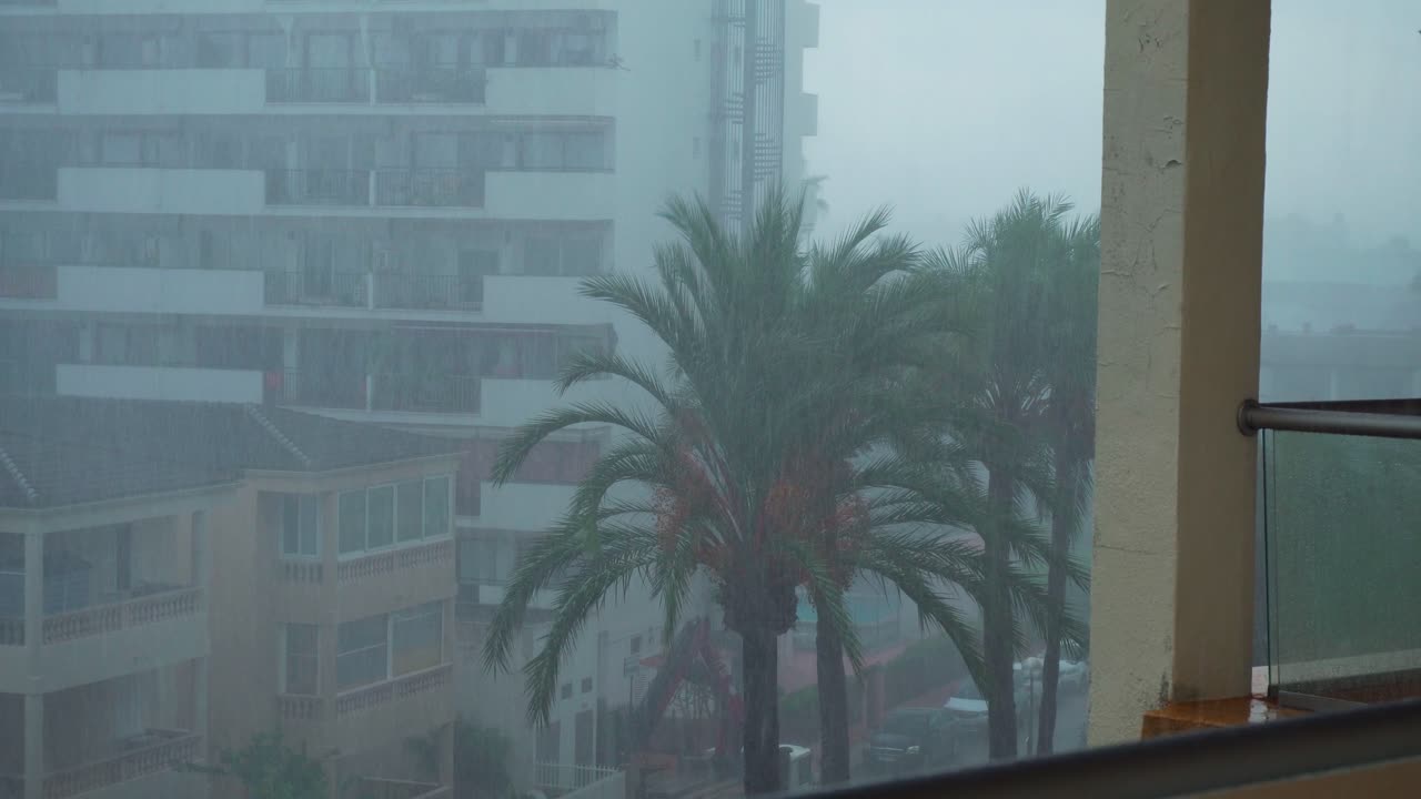 Stormy and rainy weather in Alcudia on Mallorca in Spain with Palm tree and hotels in the background.