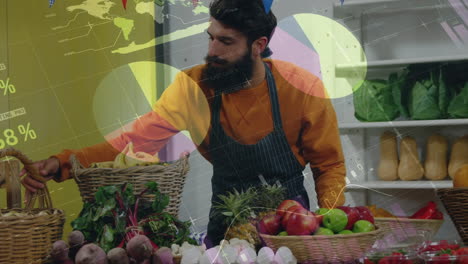 animation of financial graphs over happy caucasian male seller in grocery shop