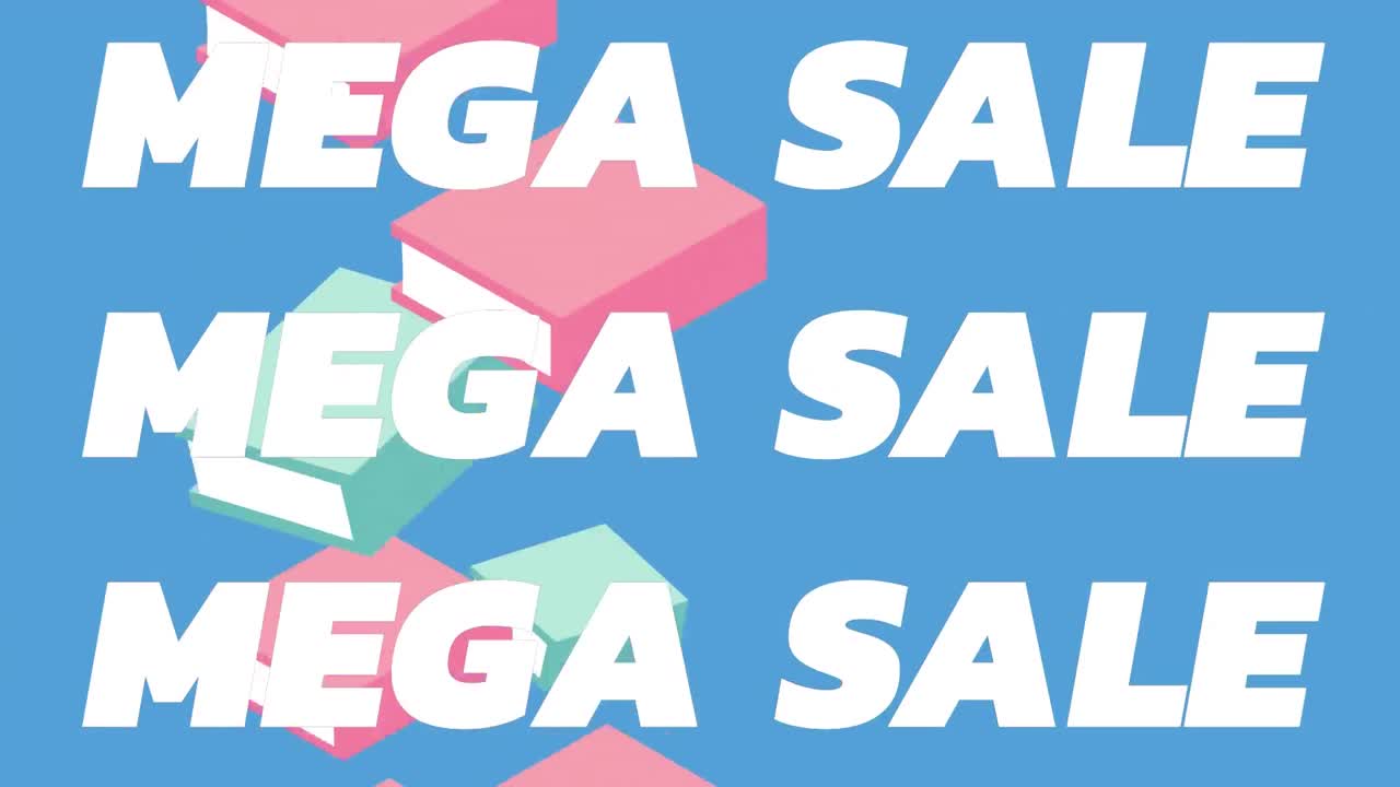 파란색 배경에 있는 책 디지털 아이콘 위에 있는 메가 판매 텍스트의 애니메이션