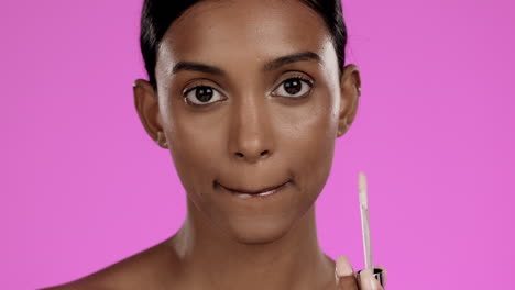 beauty, makeup and indian woman in studio with lip