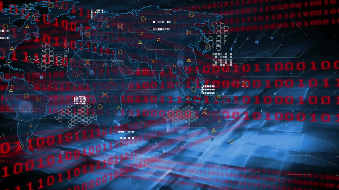 código binario y mapa global, animación de ciberseguridad sobre fondo digital azul