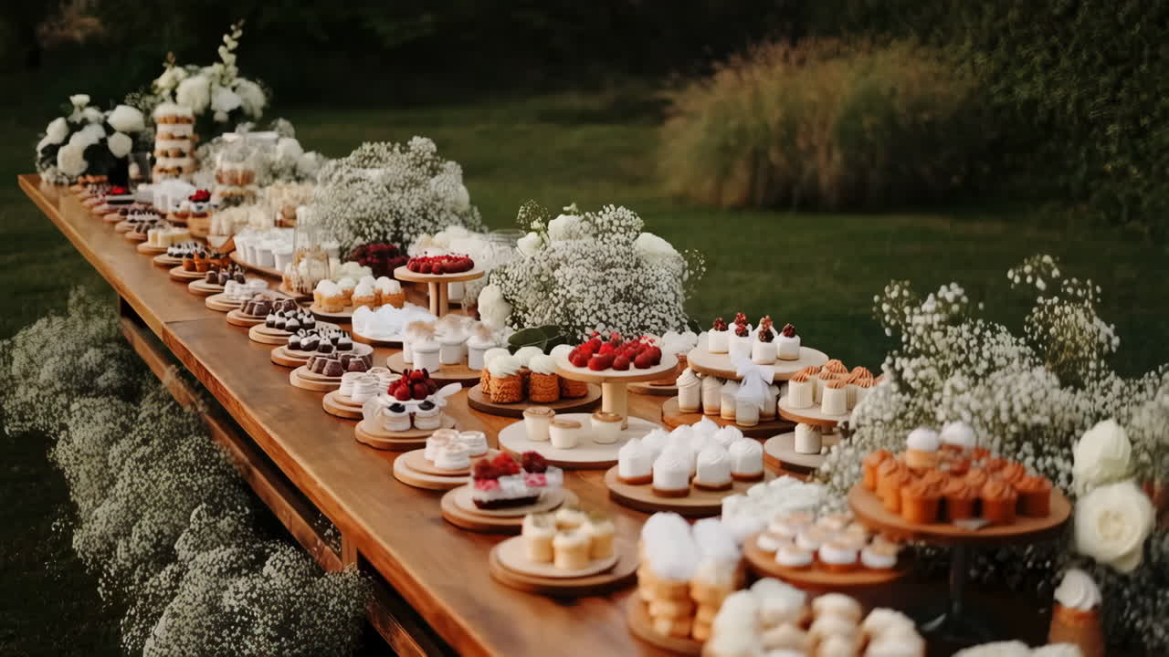 Elegante tavolo da dessert all'aperto con dolci assortiti e decorazioni floreali
