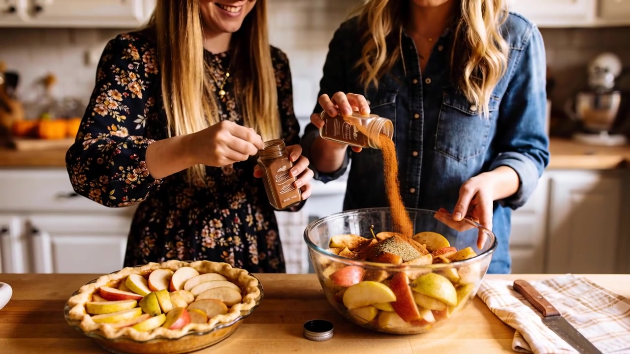 Due donne, vestite con abiti floreali e in denim, versano spezie e condiscono le mele in una ciotola in cucina, preparando una torta.