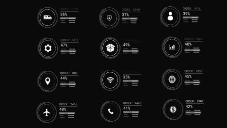 animación de iconos con procesamiento de datos en fondo negro