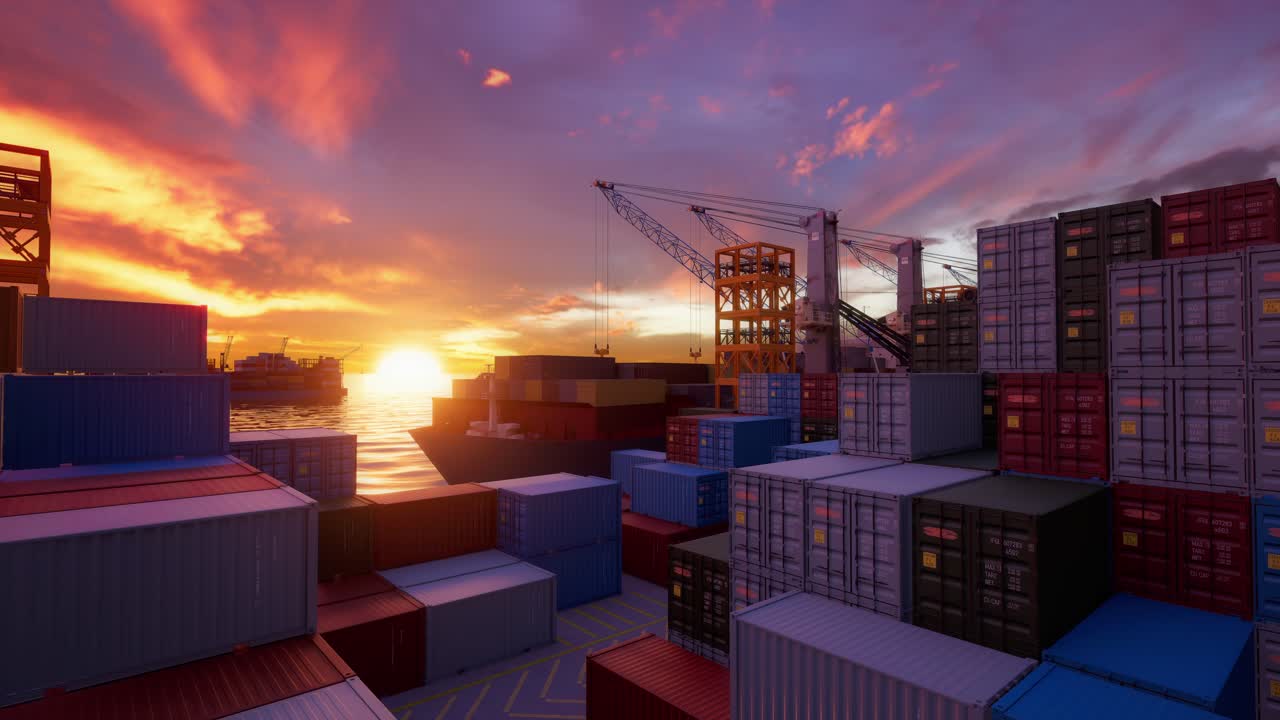 Shipping Containers In Port With Sunset