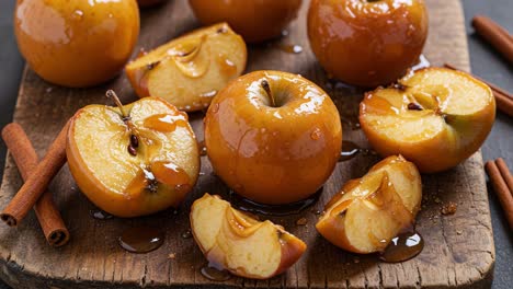 delicious caramel apples with cinnamon sticks