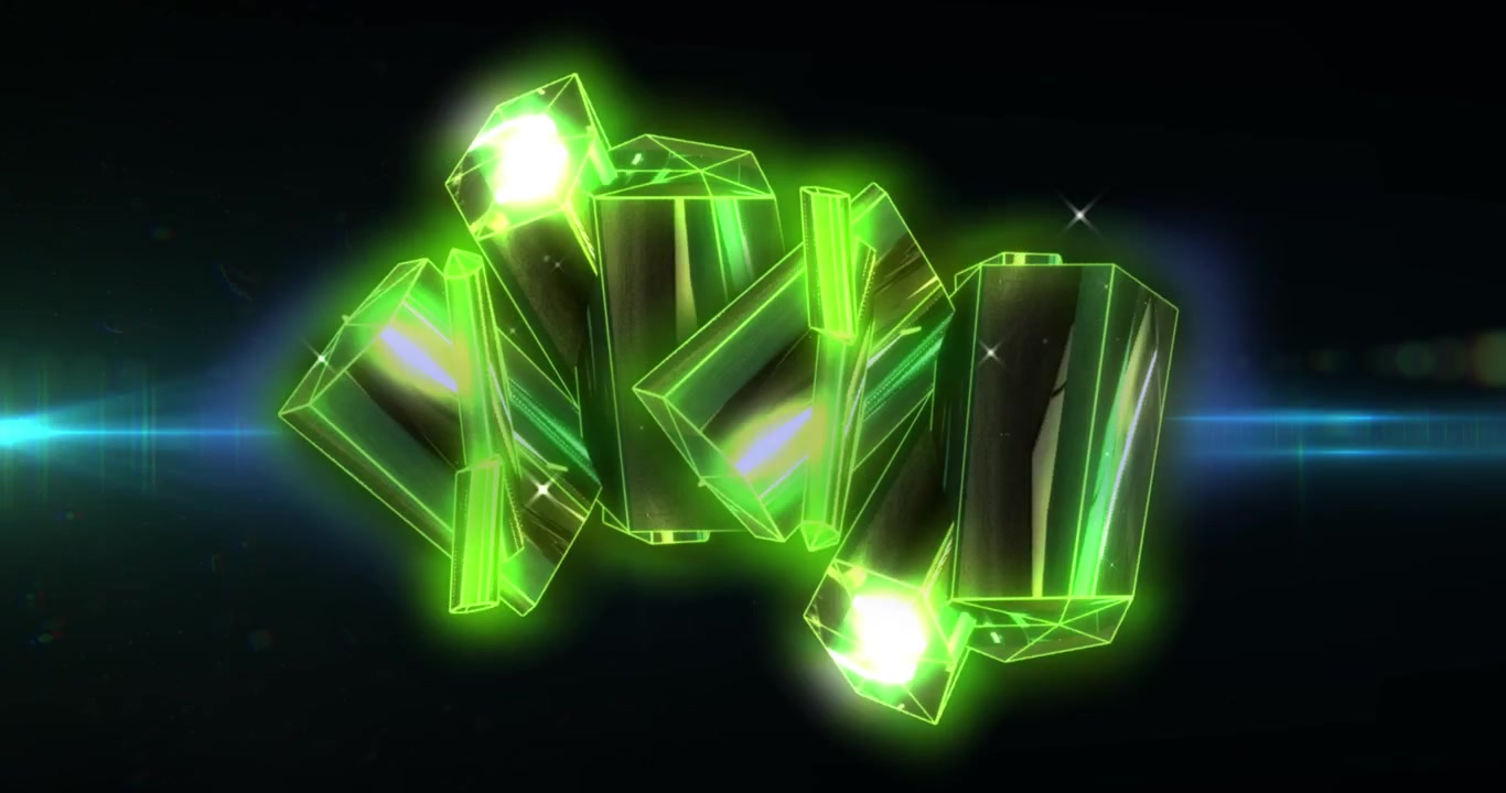 Animation of green diamonds in black space with lights