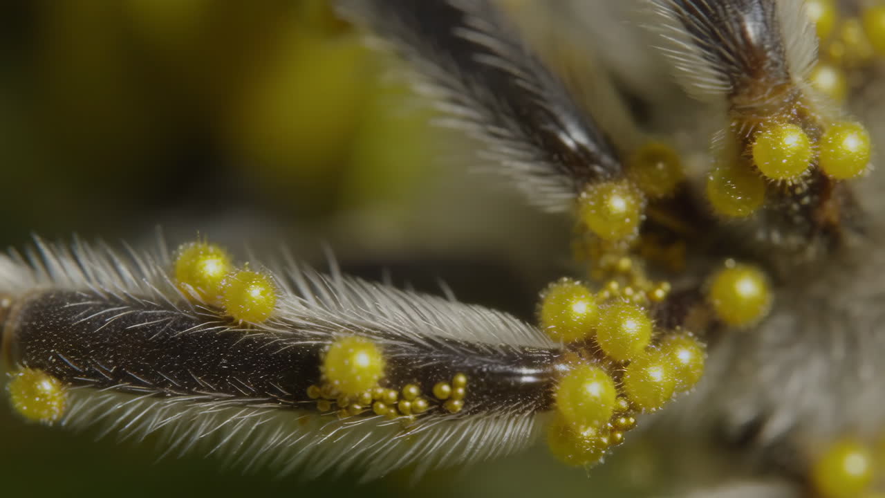Macro close-up of a fuzzy plant structure with yellow pollen