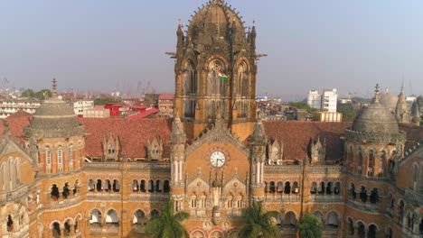 a drone shot of chhatrapati shivaji maharaj terminus and the municipal corporation heritage buildings in the fort area of south bombay