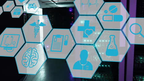 animation of network of medical icons and data processing over computer servers