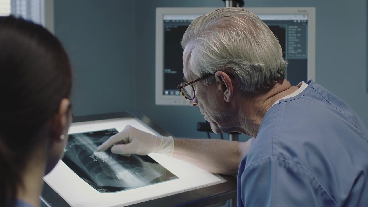 Spotting abnormality, senior doctor in blue scrubs pointing at chest X-ray on lightbox, gloved hand