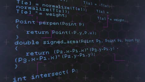 Animation-of-data-processing-over-purple-lines-and-markers-with-hexagons