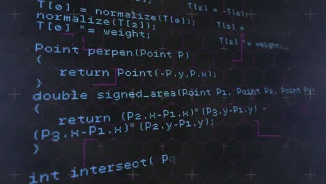 Animation of data processing over purple lines and markers with hexagons