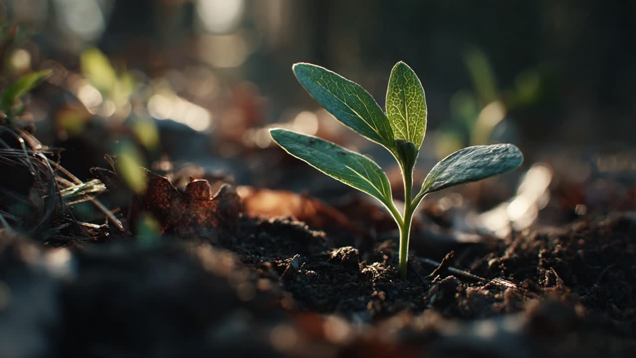 Un joven brote rompe la tierra, simbolizando el crecimiento y la renovación en un exuberante entorno forestal durante la hora dorada del atardecer.