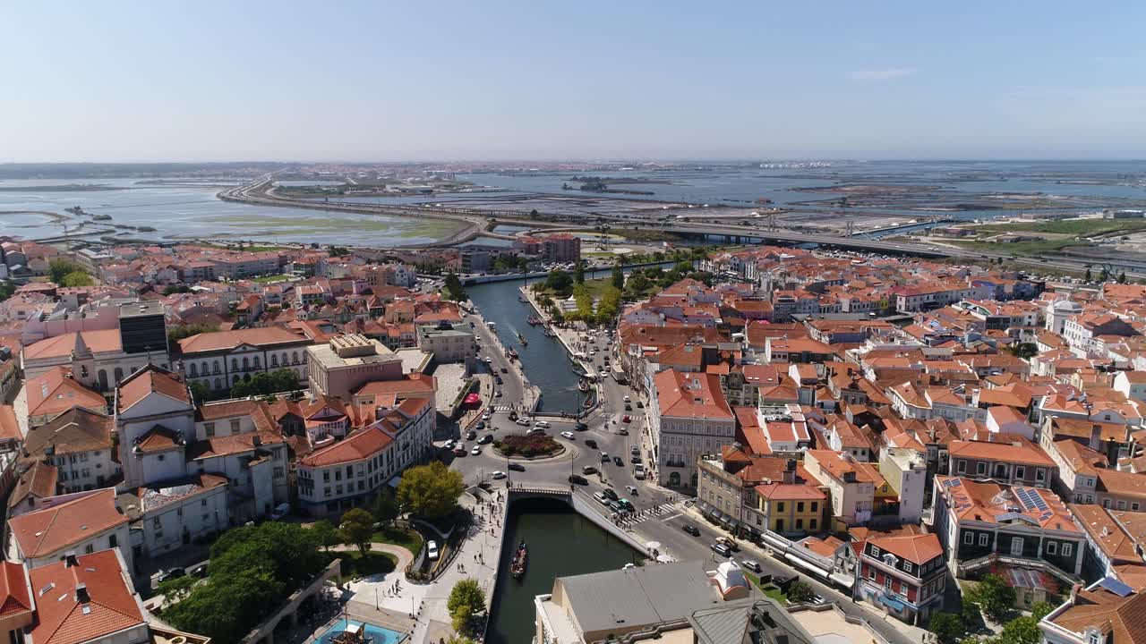 Veduta aerea del Canal central de Aveiro e dell'area circostante, Portogallo