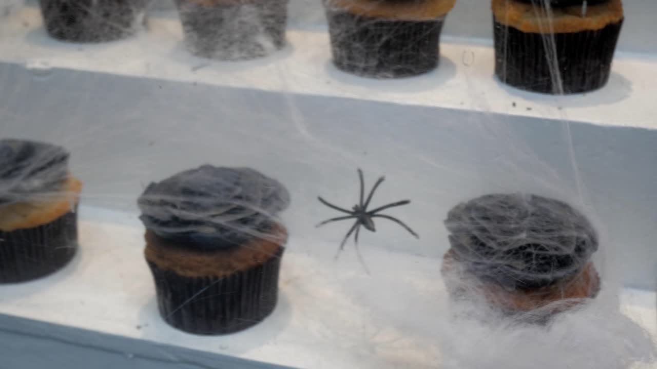 Halloween themed cupcakes on display at pastry window-shop shelve. Black flower shaped frosting decoration on bun top. Spider web decoration.