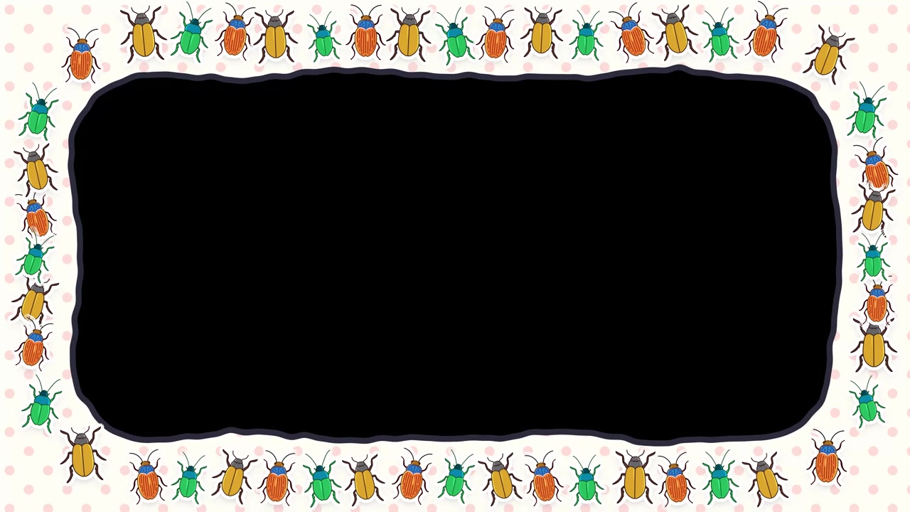 Hand drawn colorful cartoon beetles crawl around a frame on graph paper in loop.