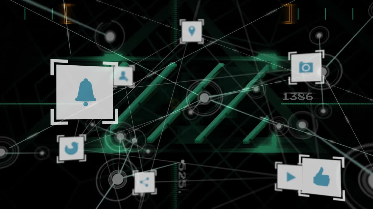 Animation of digital icons and connections over abstract green and black background