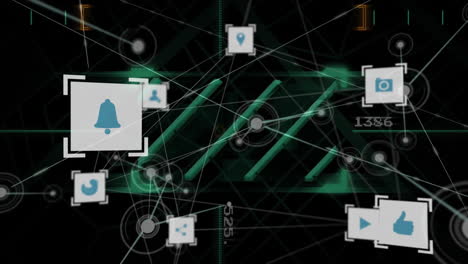animation of digital icons and connections over abstract green and black background