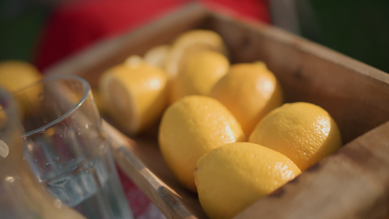 Agrumi freschi coperti di rugiada disposti in un vecchio contenitore rustico sotto la luce del sole. Composizione di frutta vivace che mostra limoni radiosi in una cassa di legno ancestrale illuminata dalla luce del sole.
