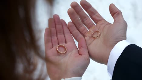 the bride and groom hold wedding rings in their open hands