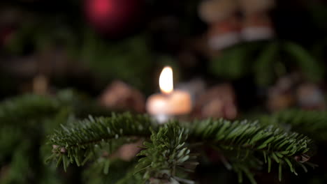 Una-Vela-En-Un-árbol-De-Navidad,-Muñequita-De-Borrosa-A-Nítida,-4k-Apple-Prores422