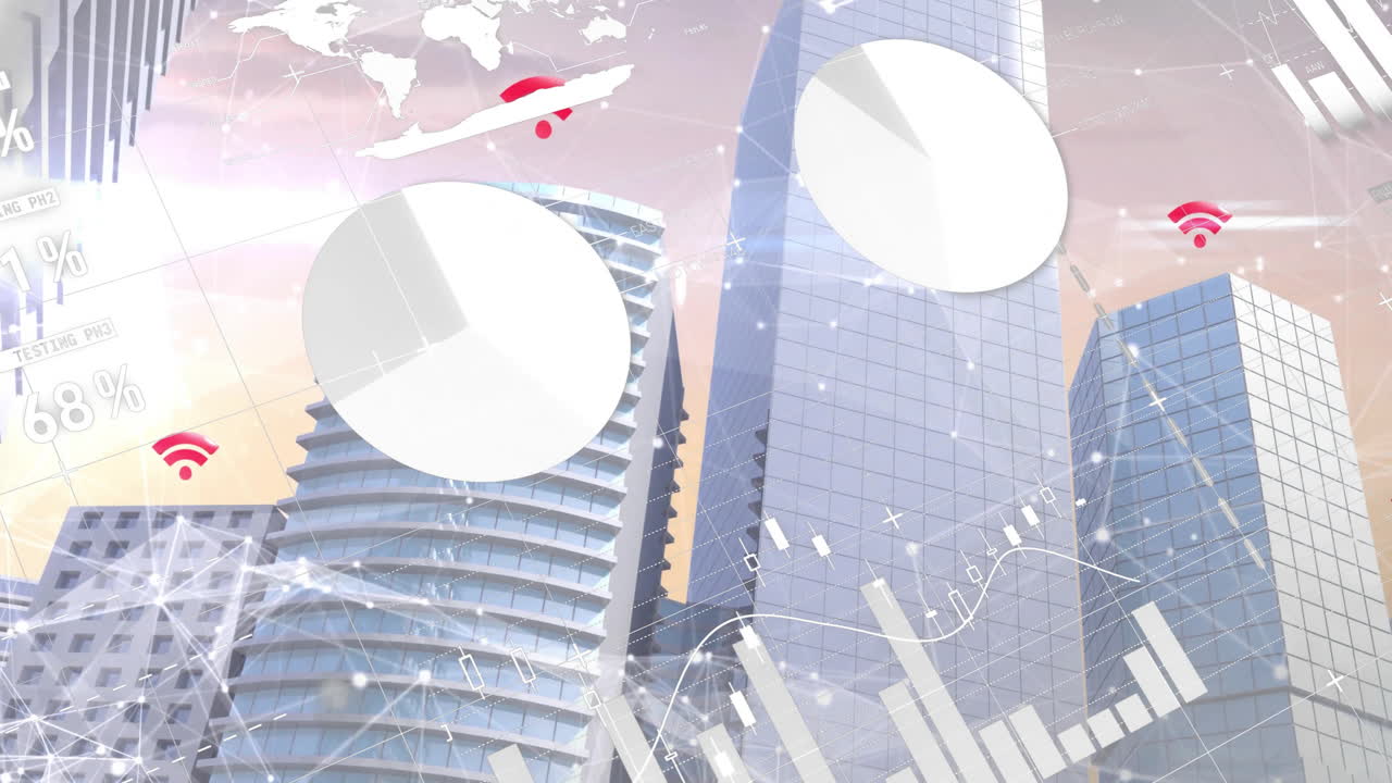 Animation of cityscape with data charts and connectivity symbols over skyscrapers