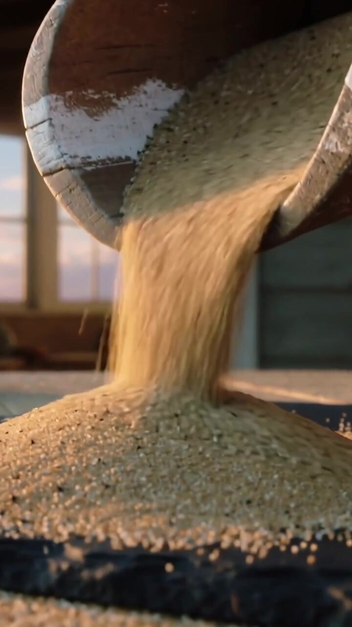 Vertical video: Pouring right hand tilting wooden scoop, building grain pile on slab in rustic room