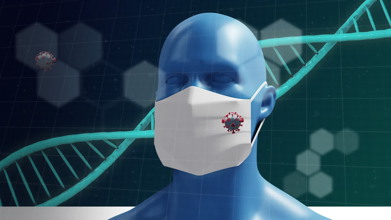 adn y bacterias de coronavirus volando sobre el hombre que lleva la máscara.