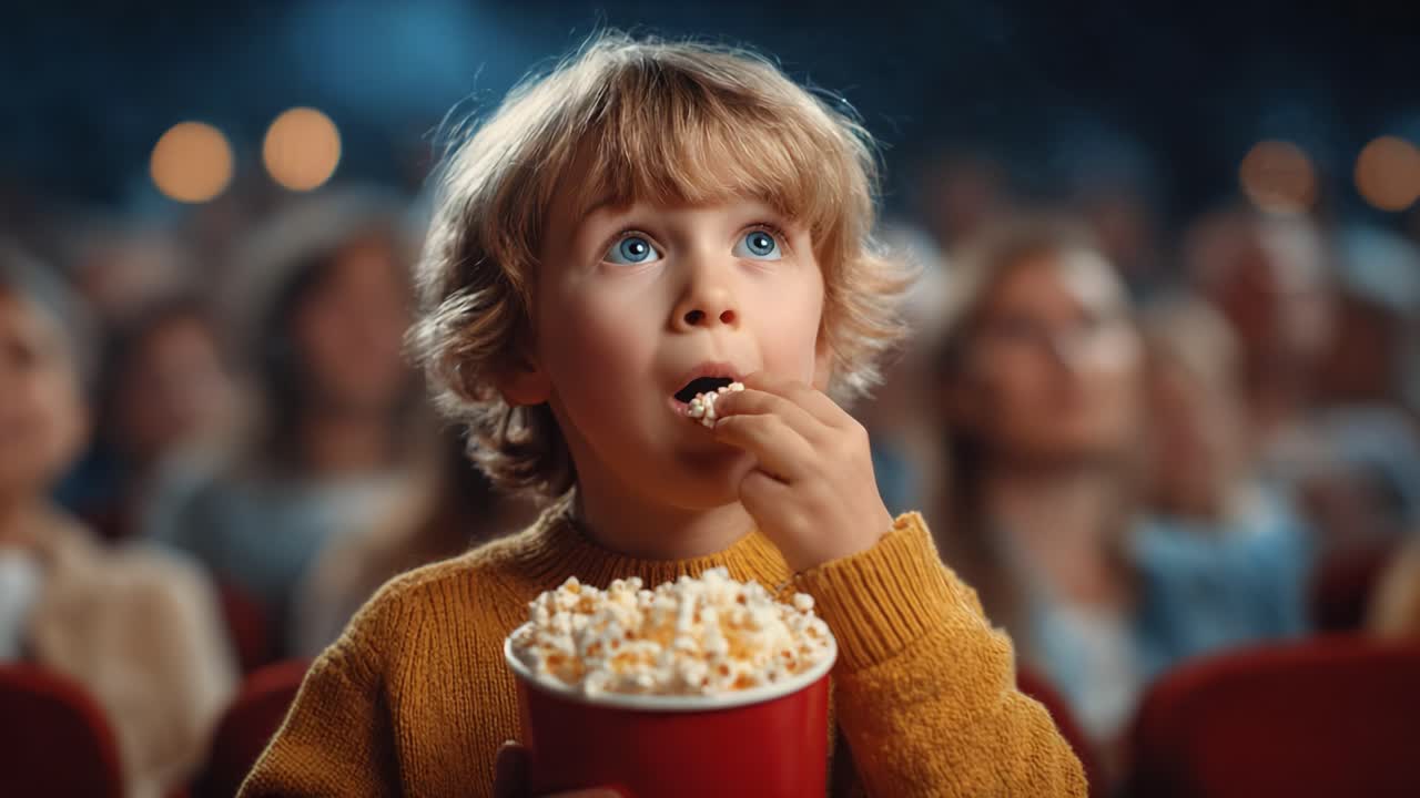 Captivated by the Big Screen: A Young Child Enjoys a Movie Experience, Enthralled and Eager with a Bowl of Popcorn in Hand, Surrounded by an Engaging Audience Atmosphere