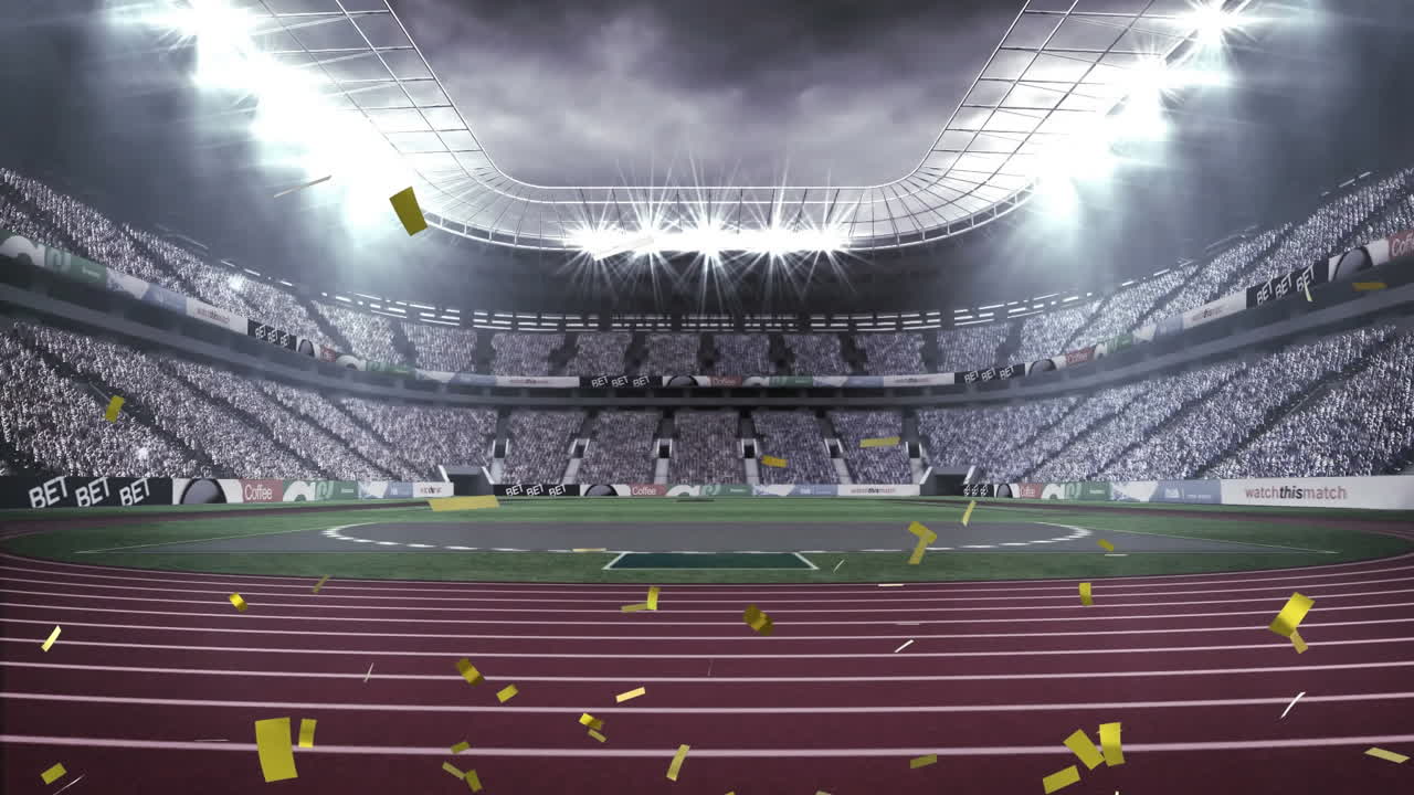 animación de confeti cayendo sobre el estadio deportivo