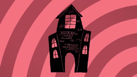 Animation-Eines-Schwarzen-Hauses-über-Rosafarbenen,-Sich-Bewegenden-Spiralmustern