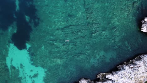 hombre nadando en aguas azules poco profundas y tranquilas del mar adriático, fondo rocoso y orilla, de arriba hacia abajo